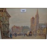 Pierre Le Boeuff, pair of watercolours, Continental street scenes, signed, 11ins x 14ins, gilt