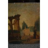 Two unframed antique oils on panel, figures in a classical garden, and figure with a dog on a