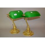 Pair of 20th Century brass and green glass desk lamps