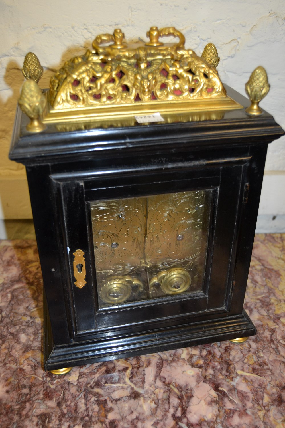 Small 18th Century ebonised and gilt brass table or bracket clock, the gilt basket top and acorn - Image 4 of 19