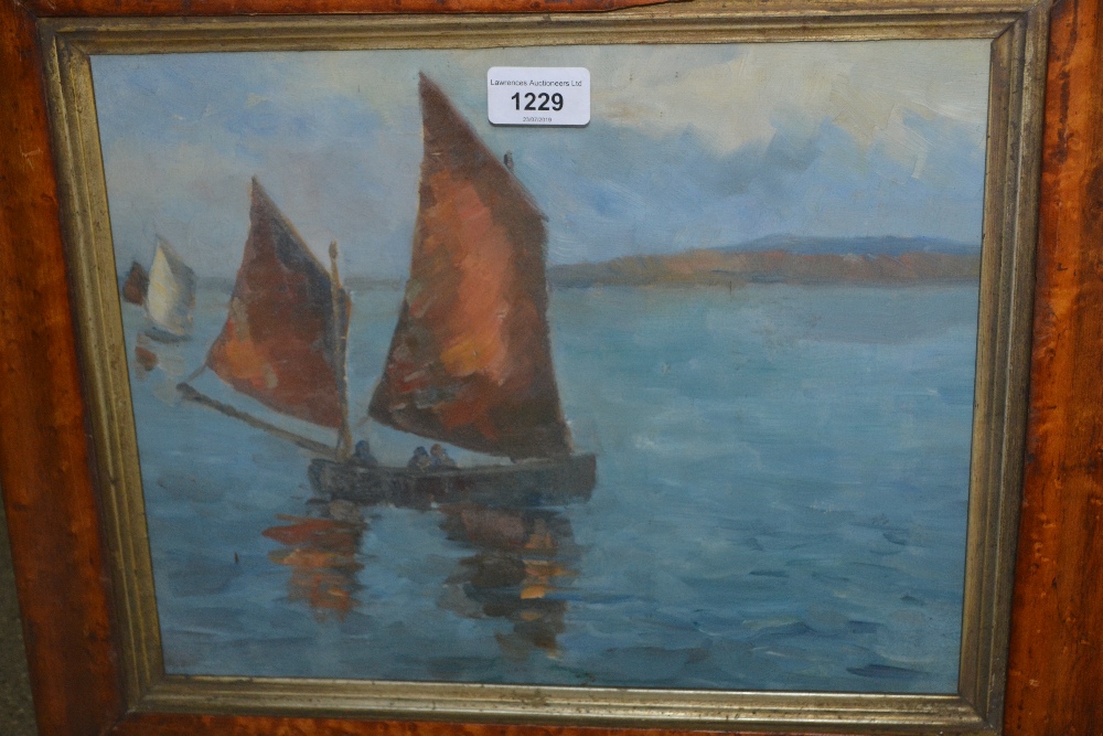 Early 20th Century oil on canvas, sailing boat in full sail in a maple and gilt frame, unsigned,