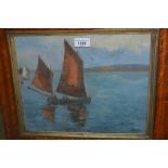 Early 20th Century oil on canvas, sailing boat in full sail in a maple and gilt frame, unsigned,