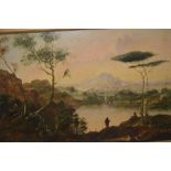 19th Century oil, an Italianate classical lakeland landscape with two figures to foreground. 11ins x
