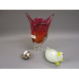 Murano glass millefiori paperweight, Murano type glass vase and a glass figure of a duck