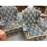 Pair of blue damask upholstered sitting room armchairs