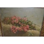 Late 19th/early 20th Century oil on canvas, still life study of cut flowers on a table, signed