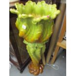 Large Victorian green and yellow glazed relief decorated pottery jardiniere and stand Has been