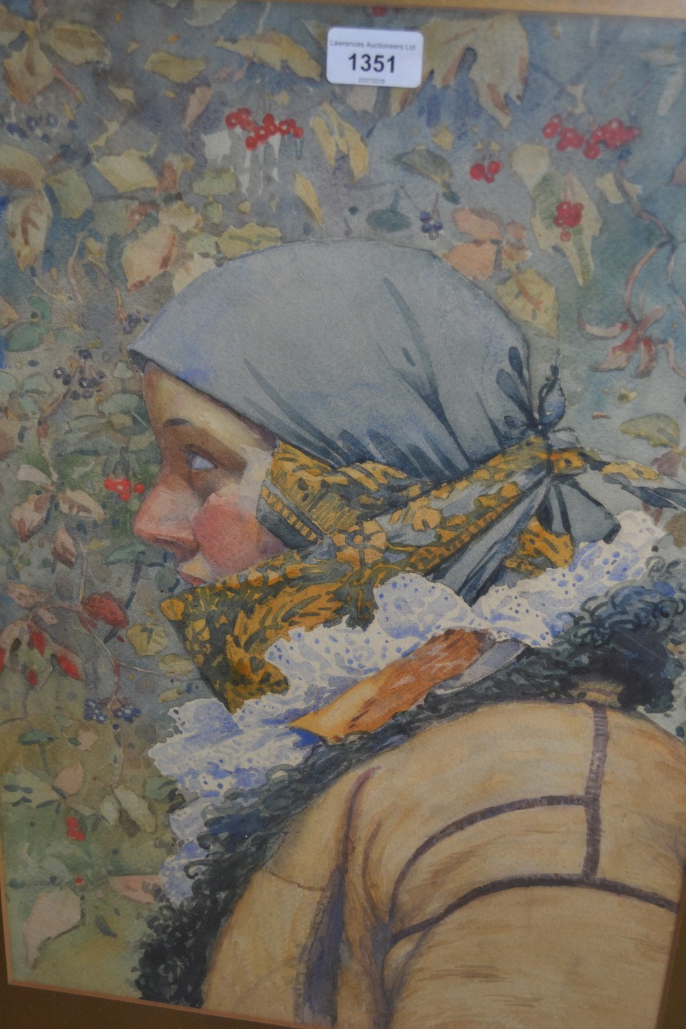 Watercolour head and shoulder portrait of a girl in blue headscarf, 21ins x 14ins, gilt framed