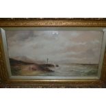 Late 19th / early 20th Century oil on card, coastal scene with lighthouse and figures, signed Gustav