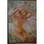 Gilt framed oil on board, seated female nude, 12ins x 8ins