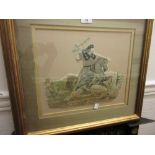 19th Century silkwork fragment of a soldier on horseback holding sword aloft, gilt framed, 10ins x