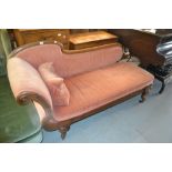 Victorian rosewood chaise longue, the shaped back and scroll end above a moulded frieze and low