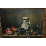 Modern oil on panel, still life, fruit, vegetables and other items on a ledge, gilt framed, pair