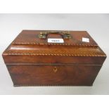 George III mahogany and barber's pole inlaid two division tea caddy with brass swan neck handle (