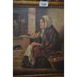 S. P. Murphy signed oil on canvas laid on board, street scene with lady selling fruit, dated 1882,