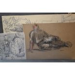 Helen Grunwald, four unframed charcoal and other drawings, family in an interior and other scenes,