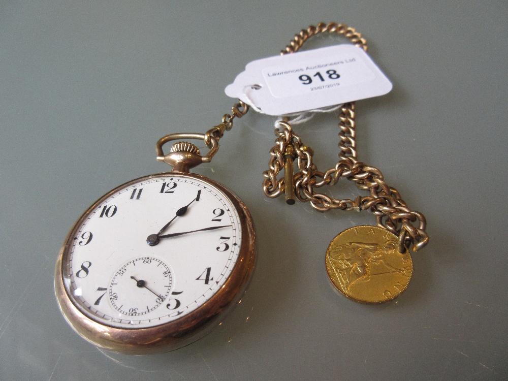 Gentlemans gold plated open face pocket watch having dial with subsidiary seconds and a gold