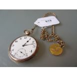 Gentlemans gold plated open face pocket watch having dial with subsidiary seconds and a gold