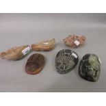 Three Roman style terracotta oil lamps and three large scarab form paperweights