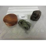 Small Chinese carved hardstone figure, carved wooden figure of a seated monkey and a small carved