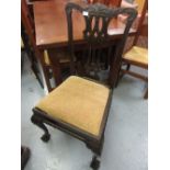 Set of six Chippendale style carved and pierced splat back dining room chairs with drop-in seats and