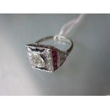 18ct White gold ruby, onyx and diamond set ring, size 0 1/2