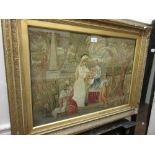 19th Century Berlin silkwork picture depicting ladies and a child in a landscape, gilt framed, 18ins