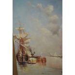 Modern oil on panel, harbour scene with steam and sailing vessels, signed Stone, 15ins x 10ins, gilt