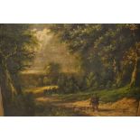 19th Century oil on canvas, huntsman and gundogs in a landscape, unsigned, gilt framed, 19ins x