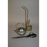 Japanese patinated metal teapot, a brass opium pipe and a pair of drapers shears