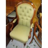 Victorian carved walnut button upholstered balloon back open elbow chair on carved and turned