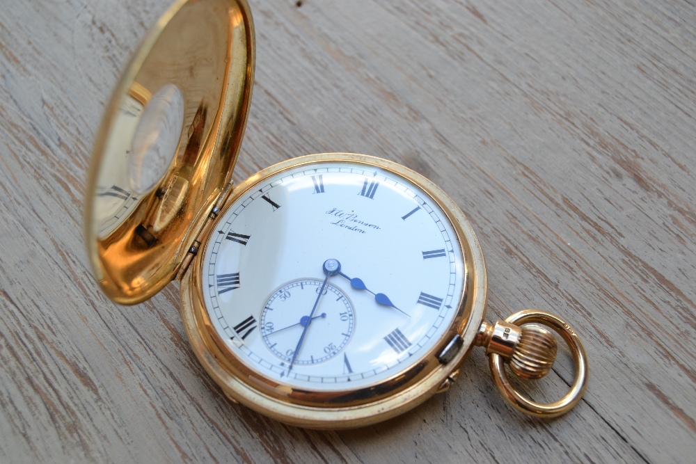 English 18ct gold cased half hunter crown wind pocket watch by J.W. Benson, London, ' The field