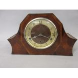 Art Deco walnut and inlaid three train mantel clock and a reproduction aneroid barometer