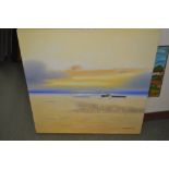 T. Pownall, modern oil on canvas, coastal scene with beached rowing boats at sunset 23ins x 23ins