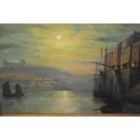 Late 19th/early 20th Century oil on canvas, moonlit harbour scene with various moored boats and