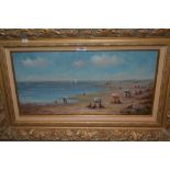 Francis Cristaux, 20th Century oil on canvas, figures on a beach, signed, 11.5ins x 23ins, gilt