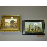 Small 19th Century gilt framed painting on porcelain, figures in a Continental landscape,