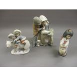 Lladro group of two children, together with another of a Geisha and a Nao figure The bear and