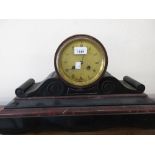 19th Century black slate and rouge marble drum form mantle clock, the engraved gilt metal dial