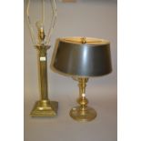 Brass Corinthian column table lamp together with another brass three light table lamp with shade