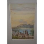 Pair of small framed watercolours, Continental landscapes, with figures in blue painted frames