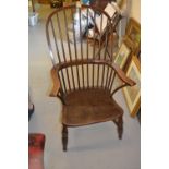 19th Century elm and oak stick back armchair on turned supports with H stretcher (cut down)