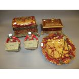 Reproduction ceramic and gilt casket, similar tazza, composition casket and pair of standing