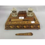 19th Century rosewood and Tunbridge inlaid two bottle inkstand together with a small 19th Century