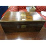 Victorian figured walnut and brass bound rectangular fold-over writing slope, the fitted interior