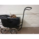 Marmet 1930's C-sprung dolls pram together with an umbrella basket, small tin glazed pail and an