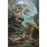 Oil on canvas board, sea sirens collecting treasure from a shipwreck, signed Mason, 19.5ins x 15.