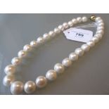 Modern single row uniform large cultured pearl necklace with 9ct gold ball form clasp