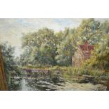 Oil on canvas, river landscape with dwelling, indistinctly inscribed verso, 18ins x 21ins