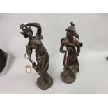 Pair of 19th Century brown patinated spelter figures of maidens, signed to the base ' Ludel '